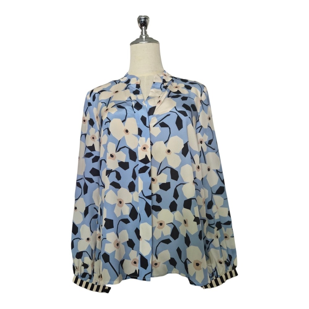 The Cause Collection 100% Silk Cottagecore Floral Blouse Blue Long Sleeve NWT M